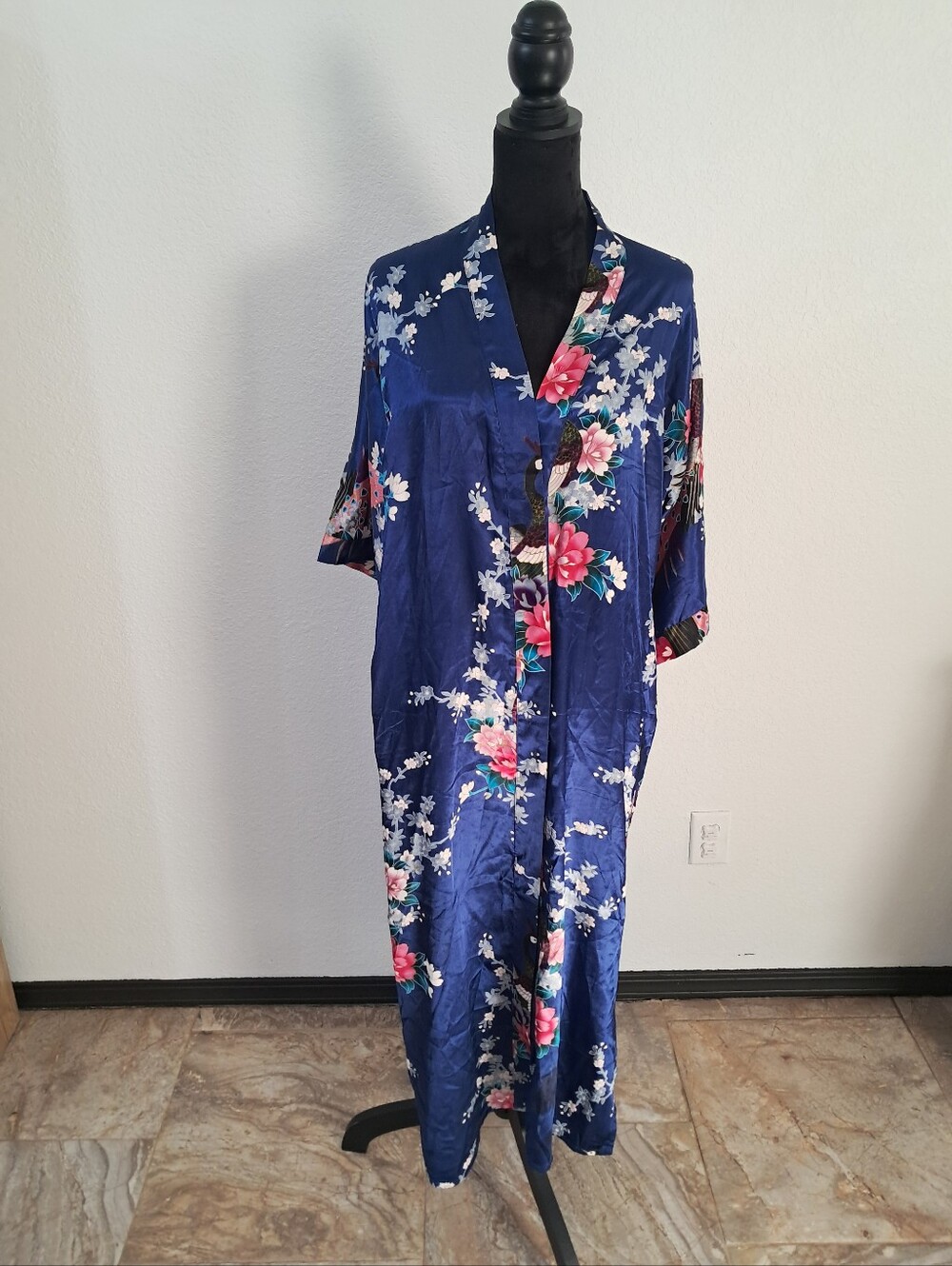 Babeyond Satin Kimono Robe Blue Peacock Floral Oriental 90's Artsy Classic